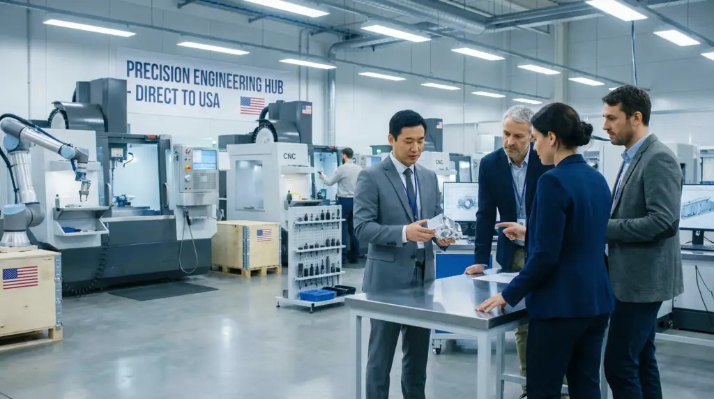 engineers and executive review cnc part in a modern manufacturing facility