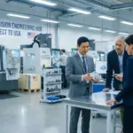 engineers and executive review cnc part in a modern manufacturing facility
