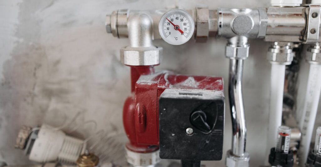 close up view of an industrial plumbing system featuring a pressure gauge and steel pipes