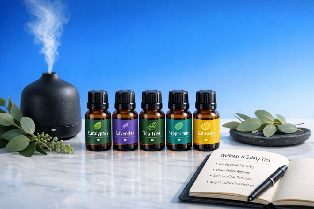 arranged essential oil bottles with diffuser and eucalyptus on blue background